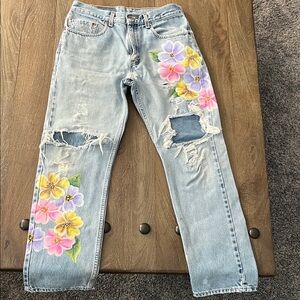 Floral Embroidered Straight Leg Jeans - Blue